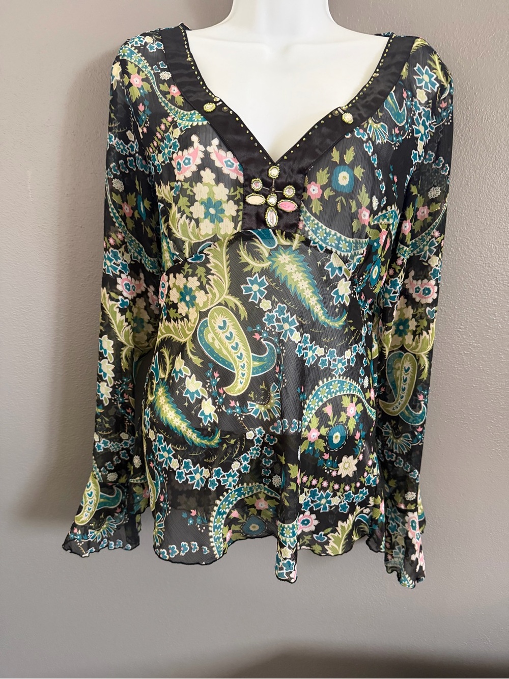 Sheer Paisley Floral V-Neck Blouse in Black with Teal & Olive